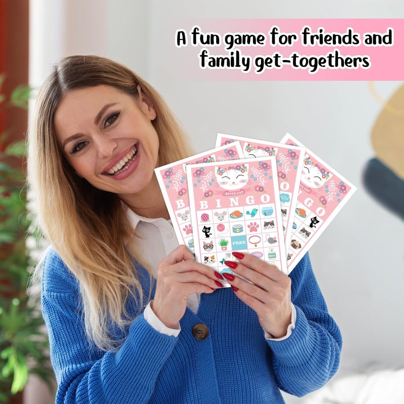 Qssfdgg Cat Floral Bingo Cards, 24 Player Kitty Party Bingo Game for Family Adult, Kitten Party Favor, Large Group Party Celebration Activity -06 - Image 4